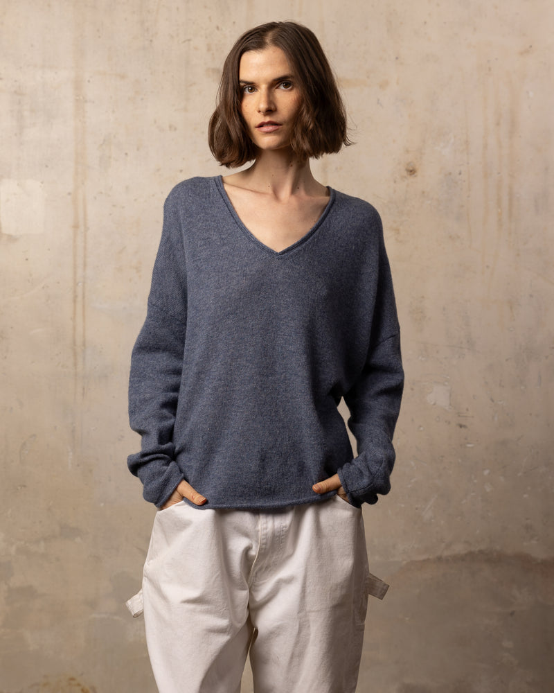 Pull Wool col v - laine et cachemire - 328FOGBLUE