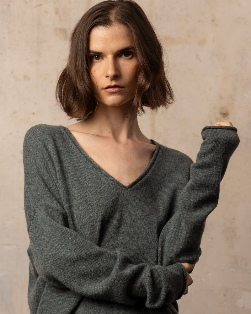 Pull Wool col v - laine et cachemire - 427SAUGE