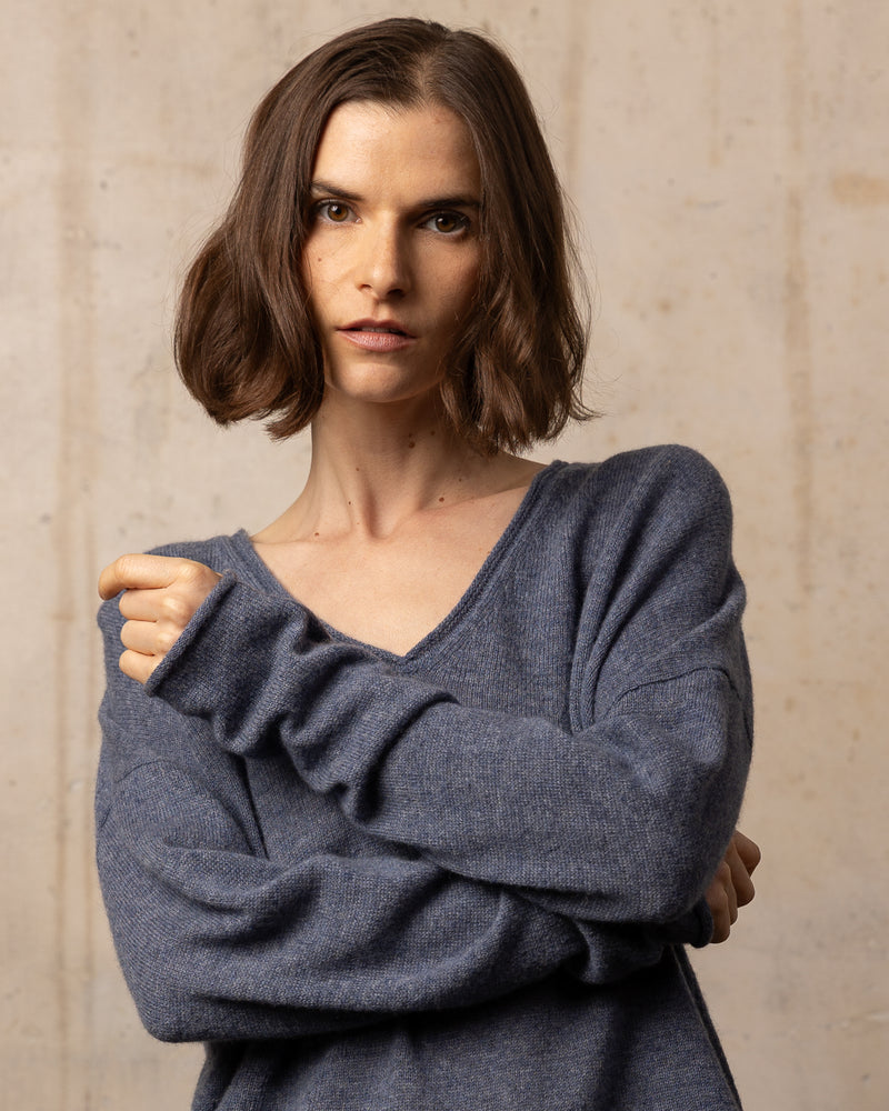 Pull Wool col v - laine et cachemire - 328FOGBLUE